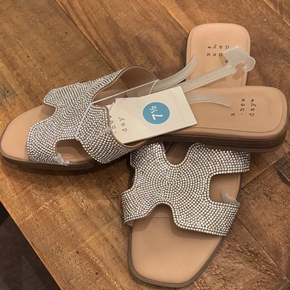 a new day Silver Rhinestone Slide Sandals with Nude Footbed - Picture 1 of 4